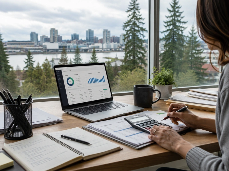 Bookkeeper reviewing financial dashboard with Pacific Northwest skyline for bookkeeping services near me