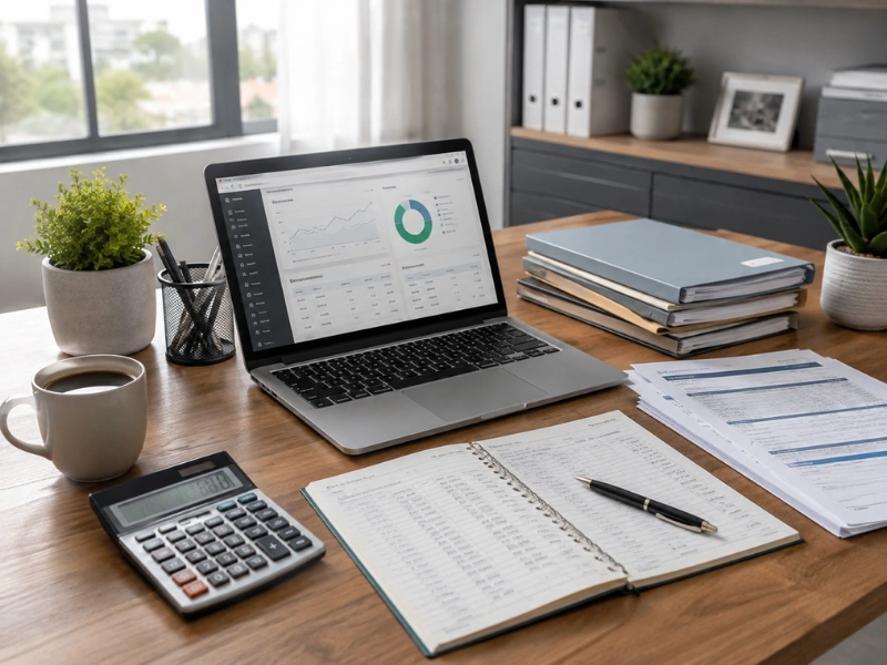 Virtual bookkeeping services desk with financial dashboard, ledger, and calculator