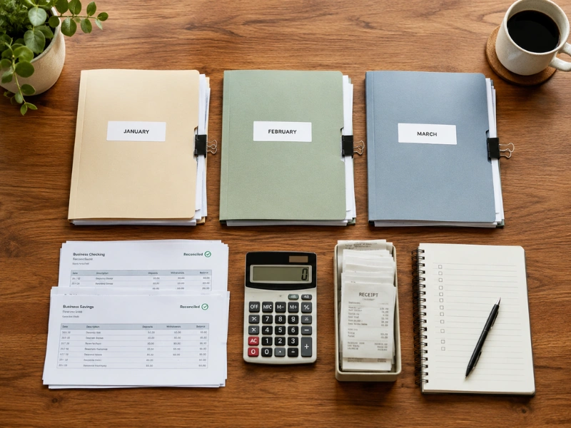 January, February, March reconciled folders representing flat monthly bookkeeping services packages