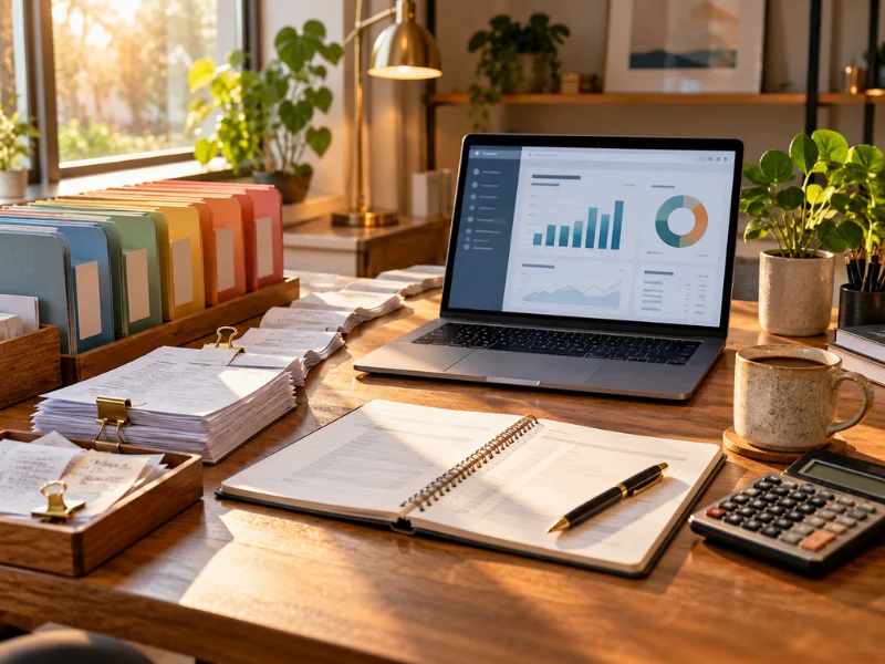 Business bookkeeping workspace with laptop dashboard, colorful file folders, and financial documents in a warm sunlit office