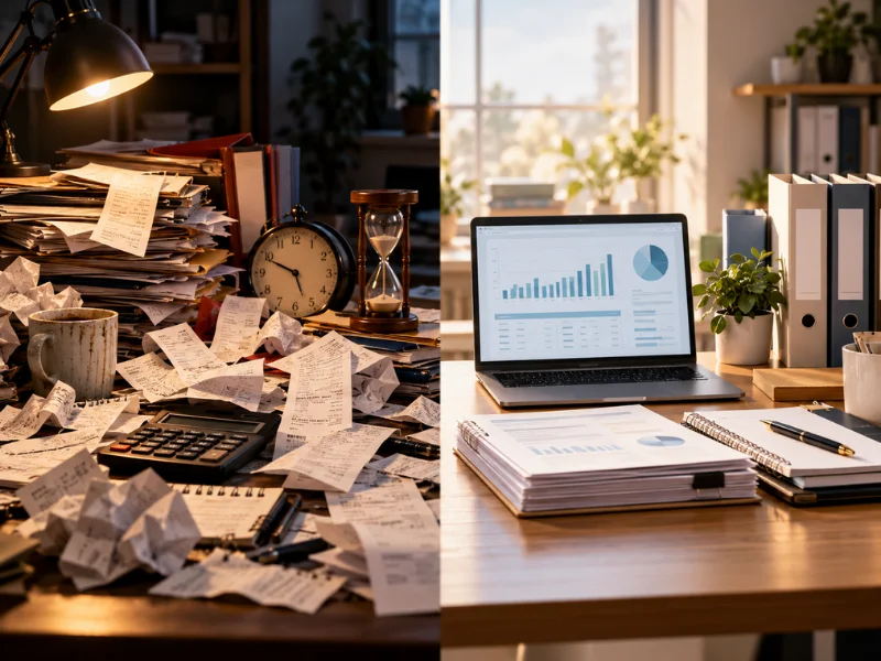Business bookkeeping before and after outsourcing: cluttered receipt piles versus organized desk with financial reports