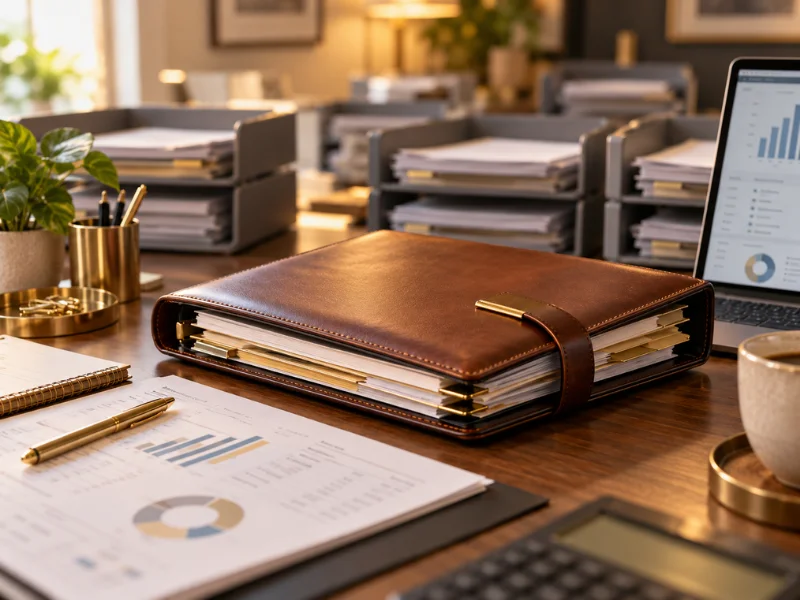 Business bookkeeping records in leather portfolio binder with financial charts and reports on a professional desk