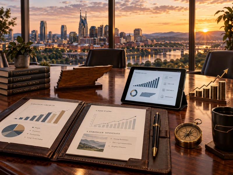 Business consulting desk with Nashville skyline at sunset, tablet showing revenue growth charts, and strategic cash flow documents