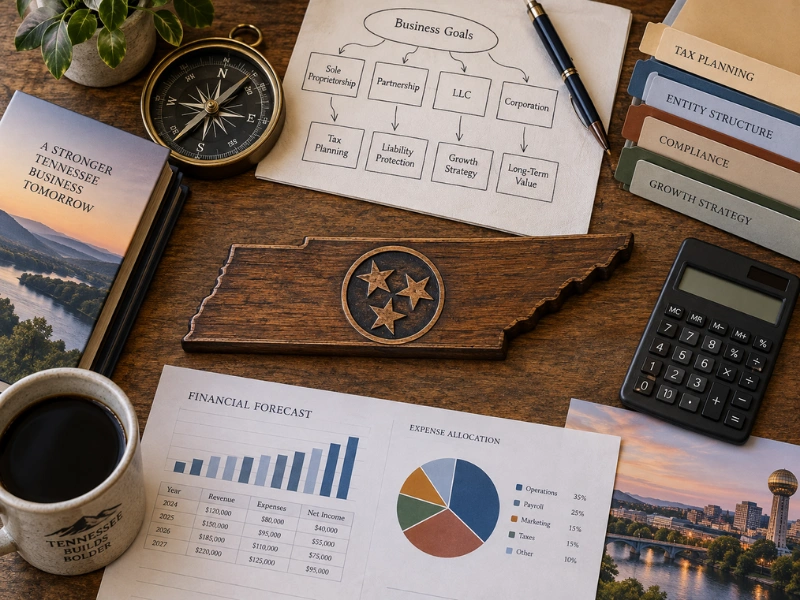 Business consulting entity structure chart for Tennessee LLC S-corp and partnership with financial forecast and expense allocation