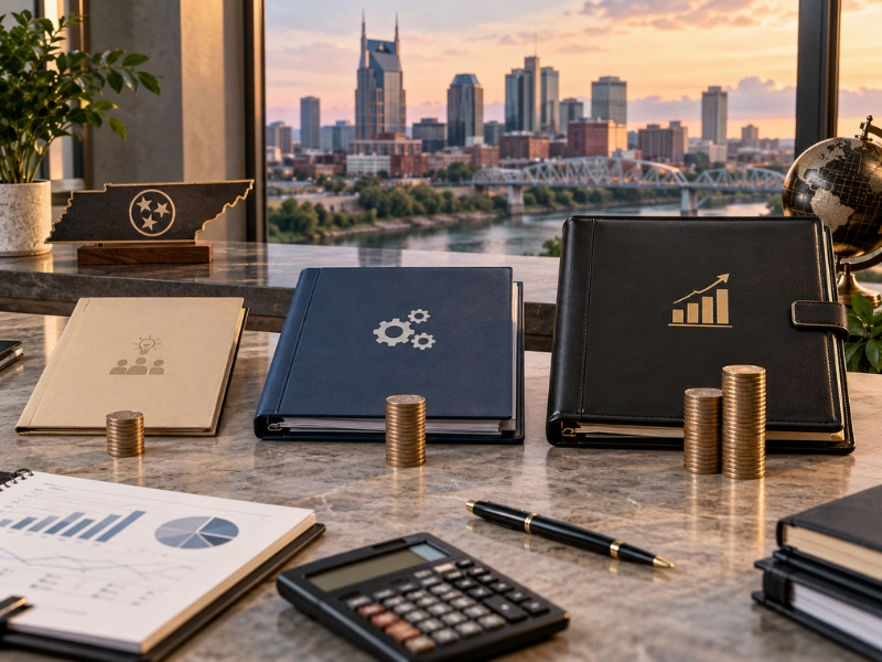 Business consulting binders for team strategy operations and growth planning with Nashville Tennessee skyline at sunset