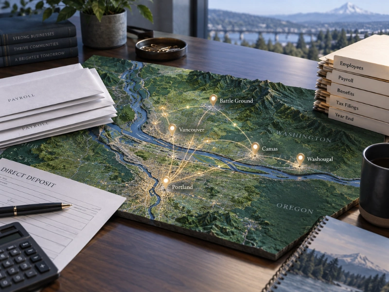 Clark County and Portland service area map with payroll binders representing payroll company coverage
