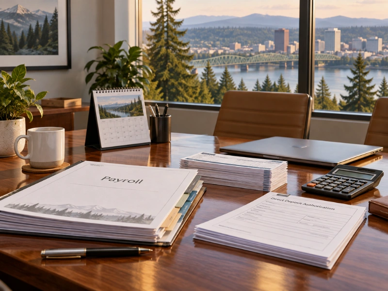 Payroll folder and direct deposit form on desk with Columbia River bridge view for payroll company