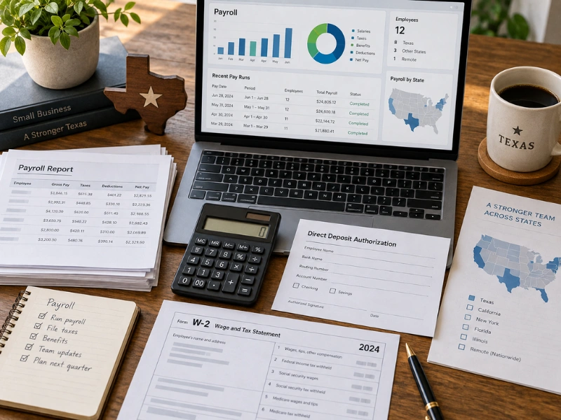 Texas payroll service desk with W-2, direct deposit form, payroll report, and multi-state dashboard