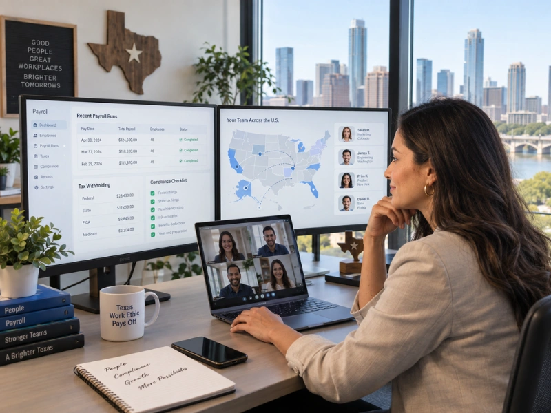 Remote payroll service manager reviewing multi-state QuickBooks dashboard and team map for Texas employer
