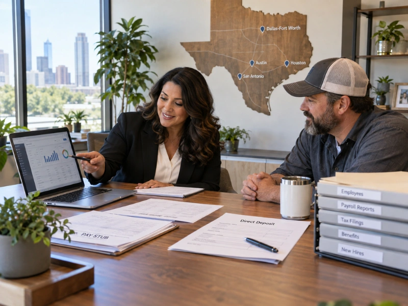Payroll service review with Texas business owner — pay stub, direct deposit forms, and statewide map