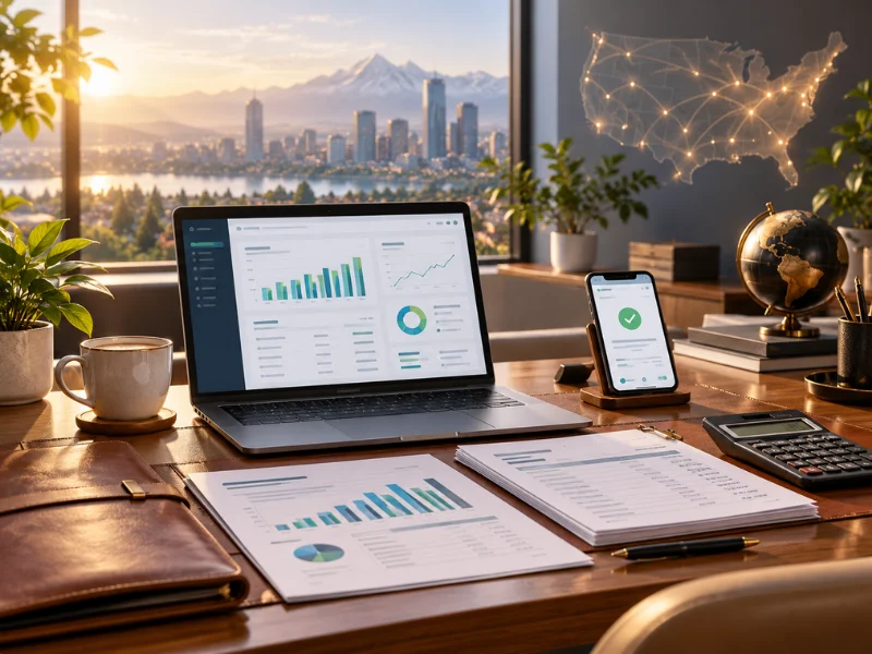QuickBooks bookkeeping dashboard on laptop with Pacific Northwest skyline, US coverage map, and financial reports on desk