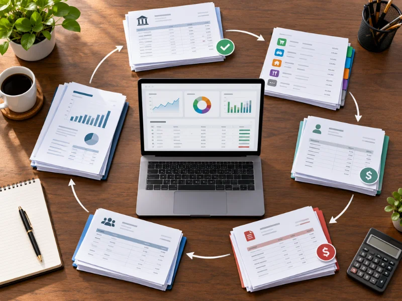 QuickBooks bookkeeping monthly cycle showing bank reconciliation, transaction categorization, invoices, and payroll documents