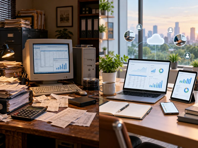 QuickBooks bookkeeping Desktop versus Online comparison with outdated setup versus modern cloud-based multi-device access