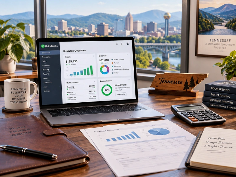 QuickBooks Consulting dashboard on laptop with Knoxville Tennessee skyline view and financial summary documents on desk