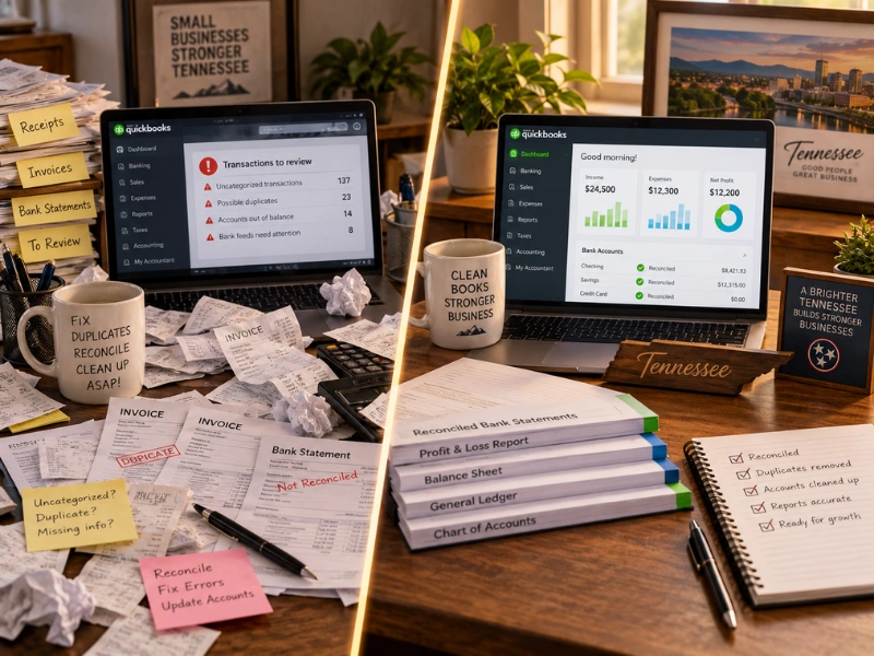 QuickBooks Consulting cleanup before and after: messy uncategorized file versus organized reconciled books for Tennessee business