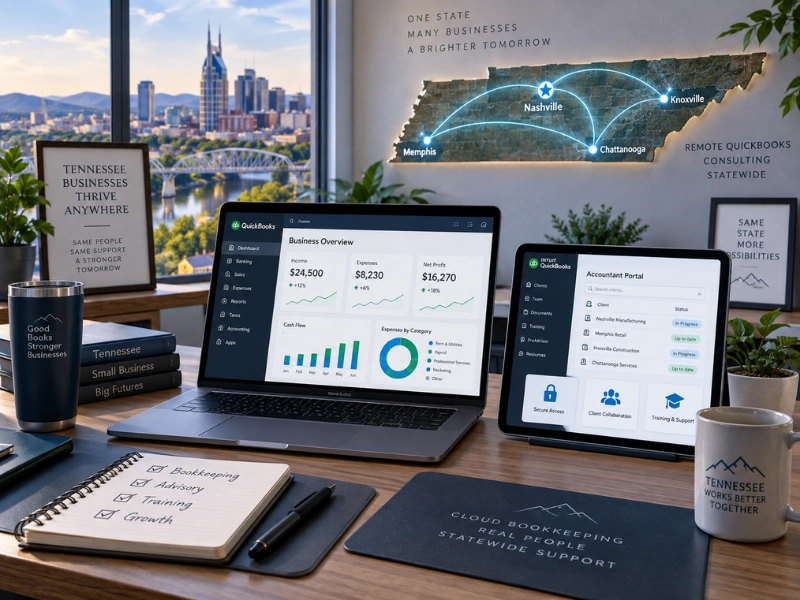 Remote QuickBooks Consulting for Tennessee businesses statewide with accountant portal access and Nashville skyline