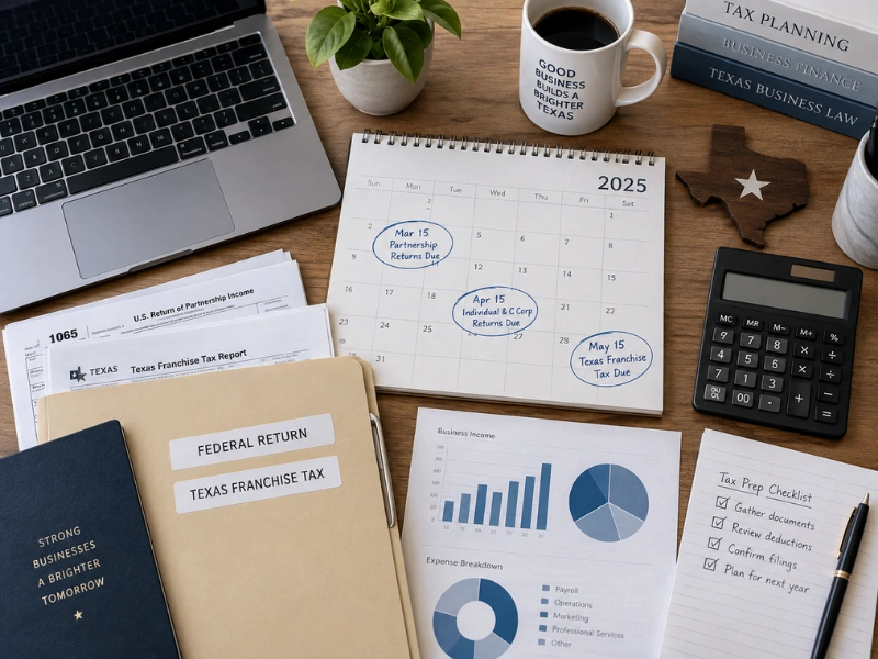 2025 tax calendar showing March 15, April 15, and May 15 Texas Franchise Tax deadlines for tax preparation service