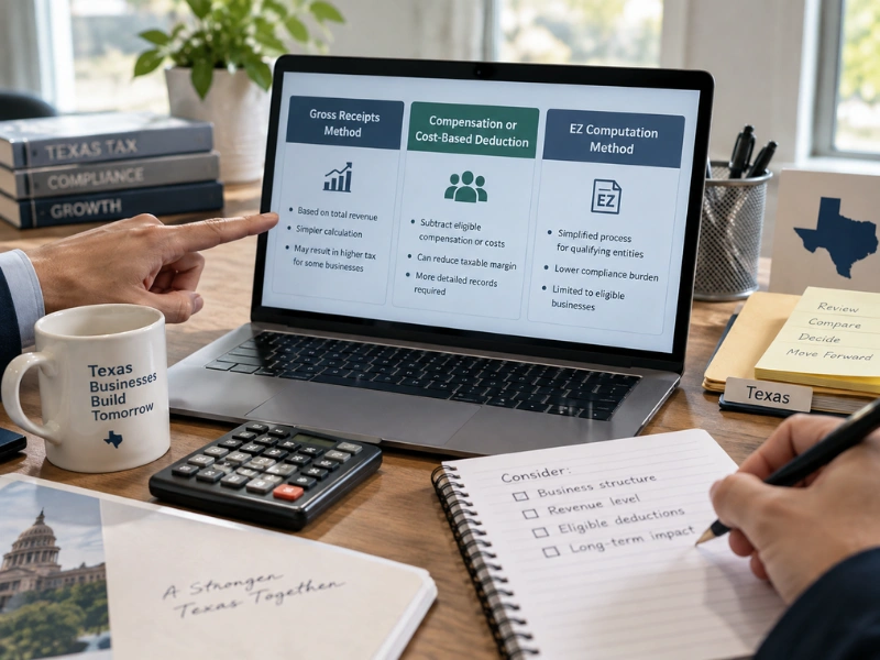 	Laptop showing three Texas Franchise Tax deduction methods for small business tax preparation service