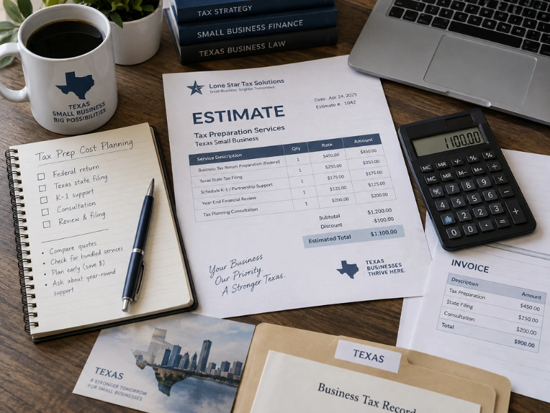 Tax preparation service cost planning for Texas businesses — estimate sheet, invoice, and calculator on desk