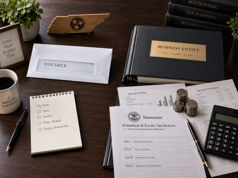 Tennessee Franchise and Excise Tax Return form with business entity binder and calculator for small business tax preparation