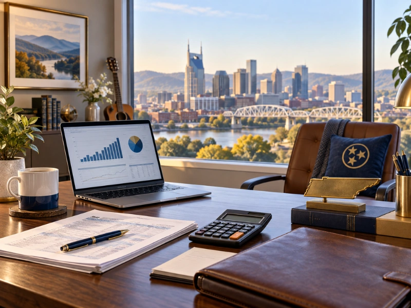 Tax preparation desk with Nashville skyline view, laptop displaying financial charts, calculator, and Tennessee business documents