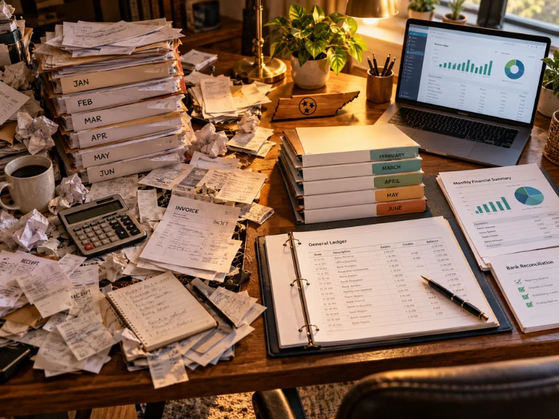 Bookkeeping catch-up before and after showing messy unreconciled monthly binders versus organized general ledger and financial reports