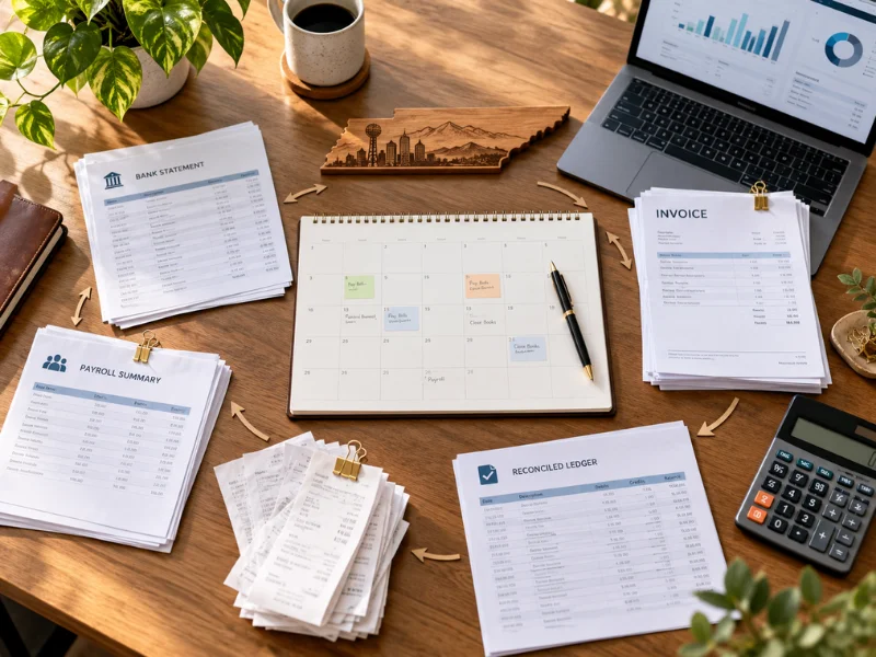 Tennessee bookkeeping monthly close cycle with bank statement payroll invoices reconciled ledger and scheduling calendar on desk