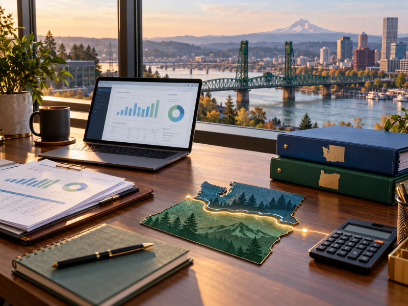 Payroll service in Vancouver WA desk with Washington Oregon state binders glowing state map and Columbia River bridge at sunset