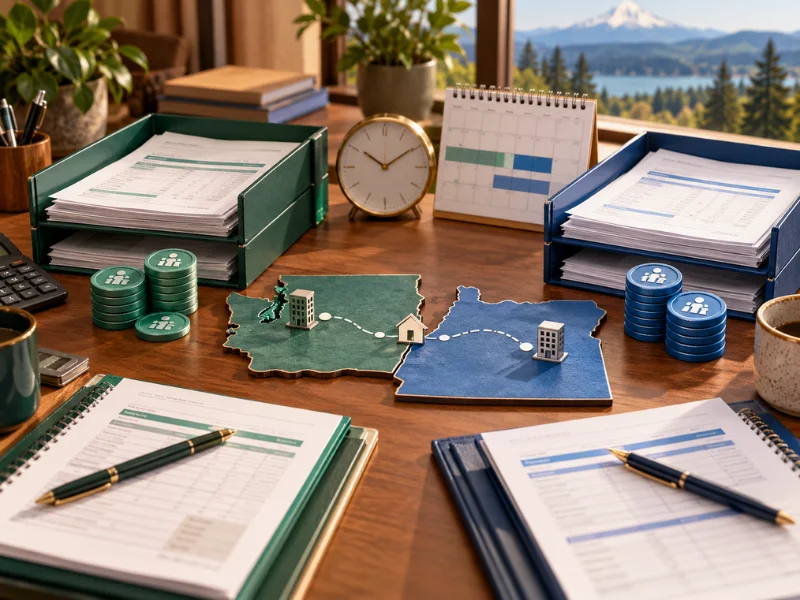 Payroll service cross-border Washington Oregon state maps with employee figures payroll coins and quarterly filing documents