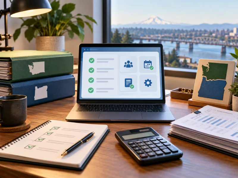 Payroll service Vancouver WA laptop showing compliance checklist with Washington Oregon state binders and Columbia River view
