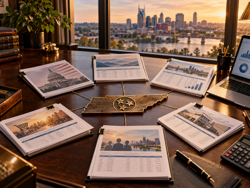 Tax accountant near me Tennessee desk with secure portal laptop, Form 1040 under magnifying glass, and Nashville skyline.