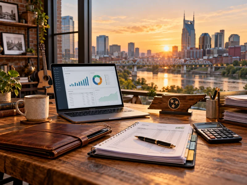 Bookkeeping company Tennessee desk with financial dashboard laptop Tennessee state cutout and Nashville skyline at golden sunset