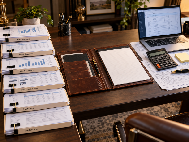Tax accountant near me year-end records: bank statements, payroll, sales tax, fixed assets, and trial balance folders on desk.