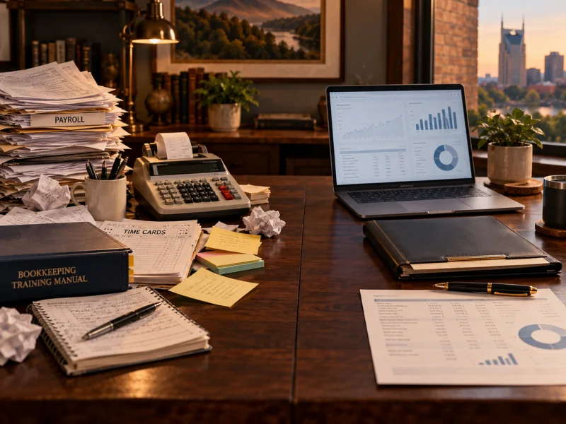 Bookkeeping company in-house versus outsourced comparison with messy payroll training documents versus clean financial dashboard