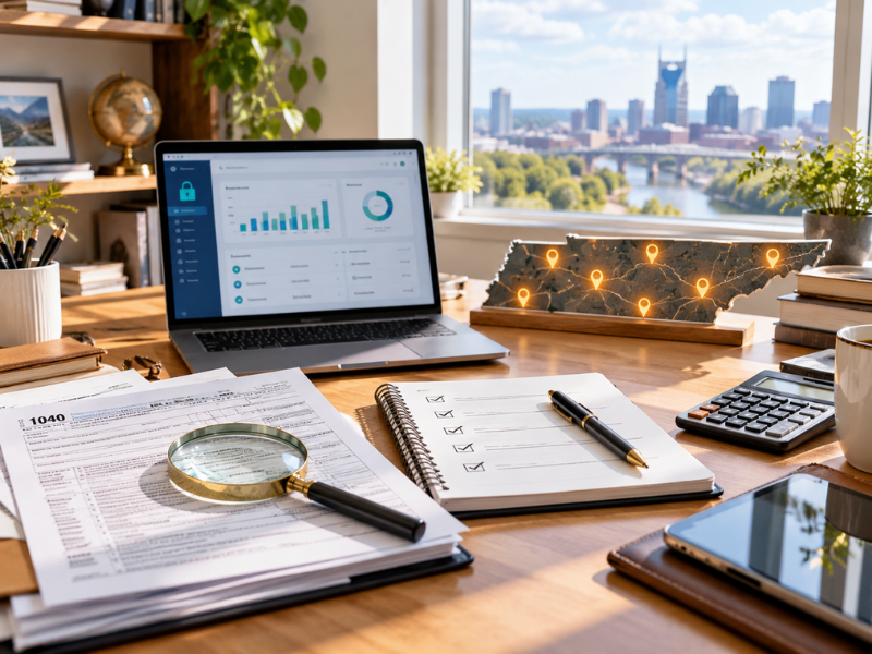 Tax accountant near me Tennessee business taxes: state cutout surrounded by six tax report folders for federal, sales, and payroll.