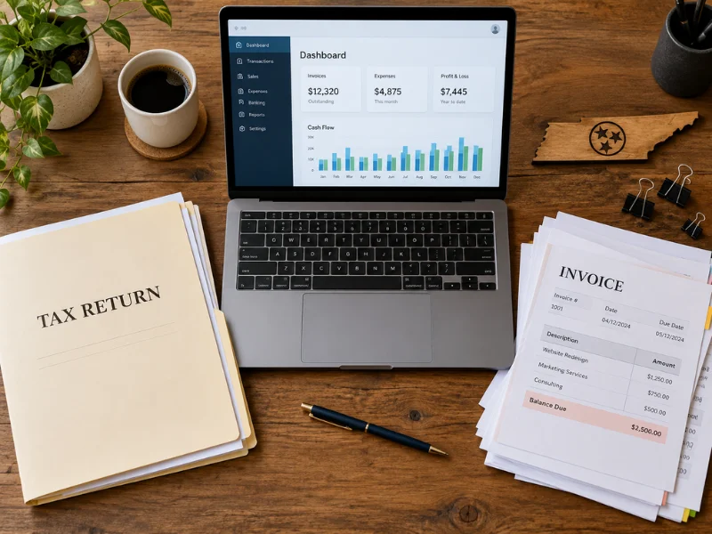 Bookkeeping company Tennessee dashboard laptop with cash flow profit and loss tax return folder and invoices with Tennessee cutout