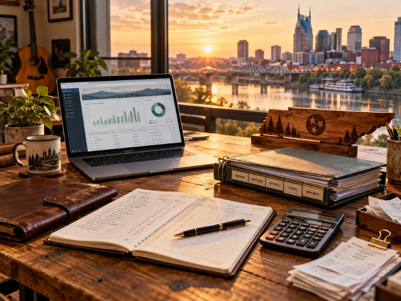 Bookkeeping desk with financial dashboard laptop Tennessee state cutout tabbed binder ledger and Nashville skyline at golden sunset
