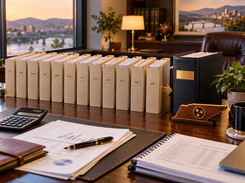 Accountant near me year-end close with twelve monthly record binders, financial reports, and Tennessee state cutout on desk