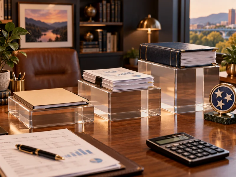 Accountant near me desk with acrylic risers holding organized records and financial reports beside a Tennessee flag emblem