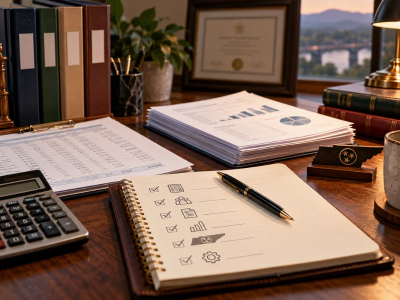 Bookkeeper qualifications desk with framed certificate, Tennessee state cutout, credential checklist notebook, and financial reports
