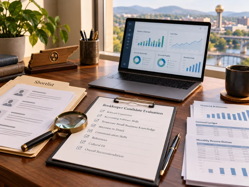 Bookkeeper hiring desk with laptop showing accounts receivable and cash flow dashboard, shortlist folder, and evaluation clipboard