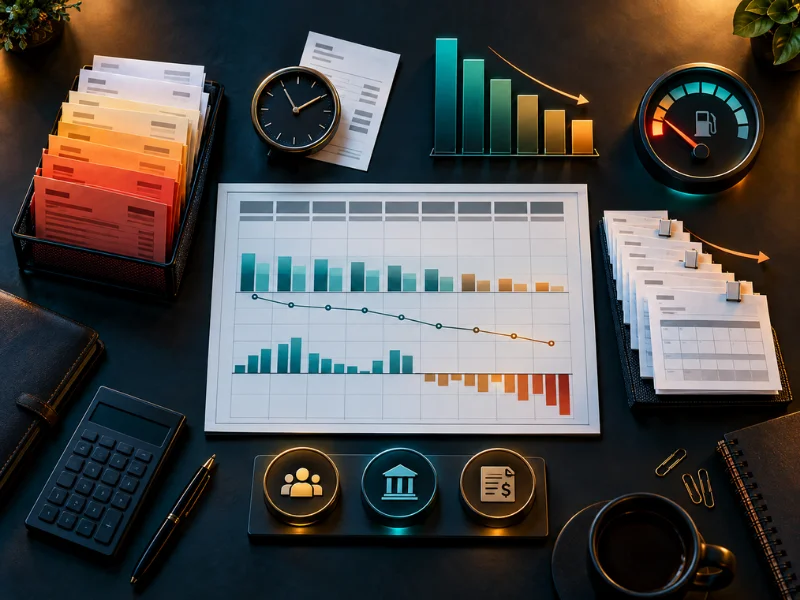 Business consulting cash flow warning signs: declining chart, low fuel gauge, clock, and overdue invoices on dark desk