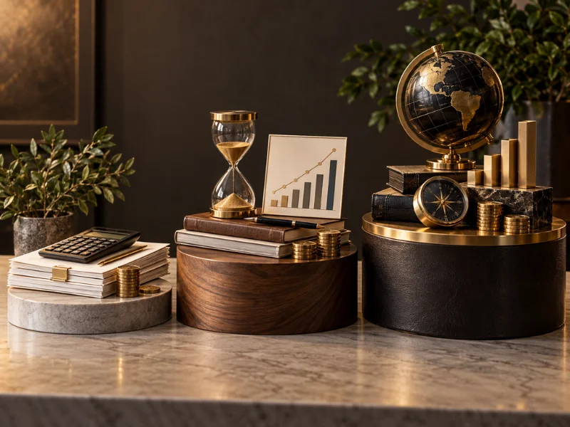 Business consulting growth stages: calculator, hourglass with growth chart, and globe on pedestals with gold coin stacks