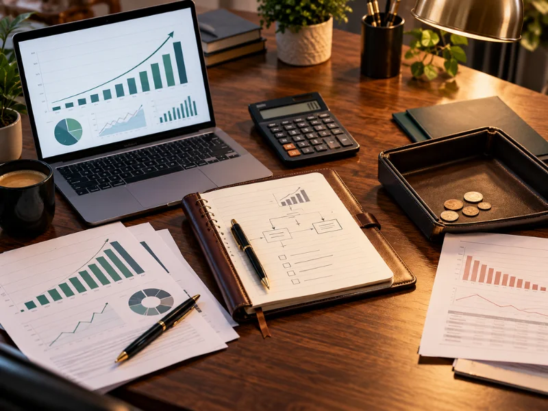 Business consulting desk with laptop growth charts, profit reports, calculator, and notebook flowchart for reading your numbers