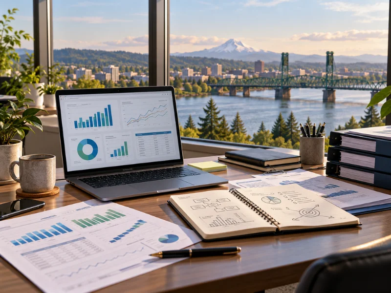 Business Management Consultant Vancouver WA desk with financial dashboard laptop strategy notebook and Columbia River bridge view