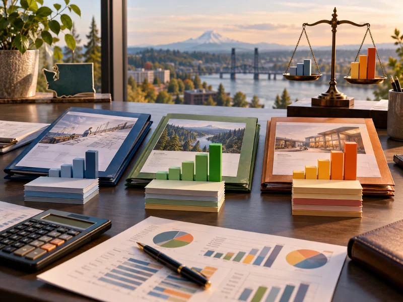 Business Management Consultant pricing and margin review with service line bar charts balance scale and Columbia River view
