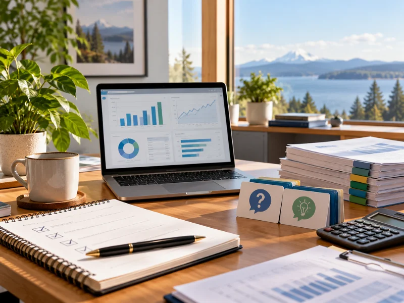 Business Management Consultant advisory desk with financial dashboard question cards checklist notebook and Pacific Northwest view