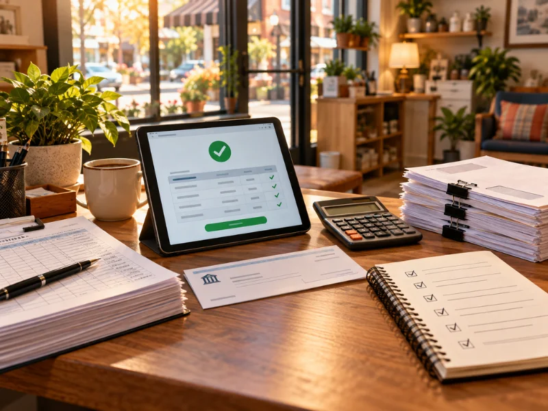Payroll service near me tablet showing approved pay run with direct deposit checklist, bank check, and payroll documents in small business office