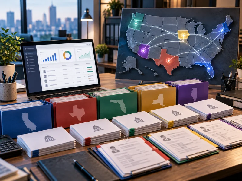 Payroll service near me multi-state filing folders for California Texas Florida New York with US coverage map and laptop dashboard