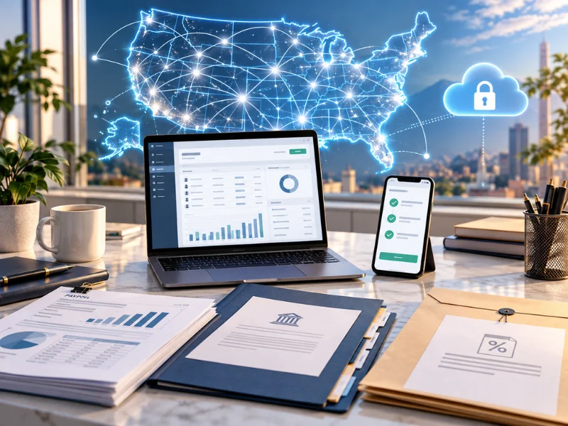 Payroll service near me nationwide remote dashboard with secure cloud payroll approval on smartphone and US coverage map